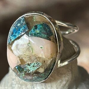 Handmade Gemstone Ring, Double Band, Silver, 6.5 EUC